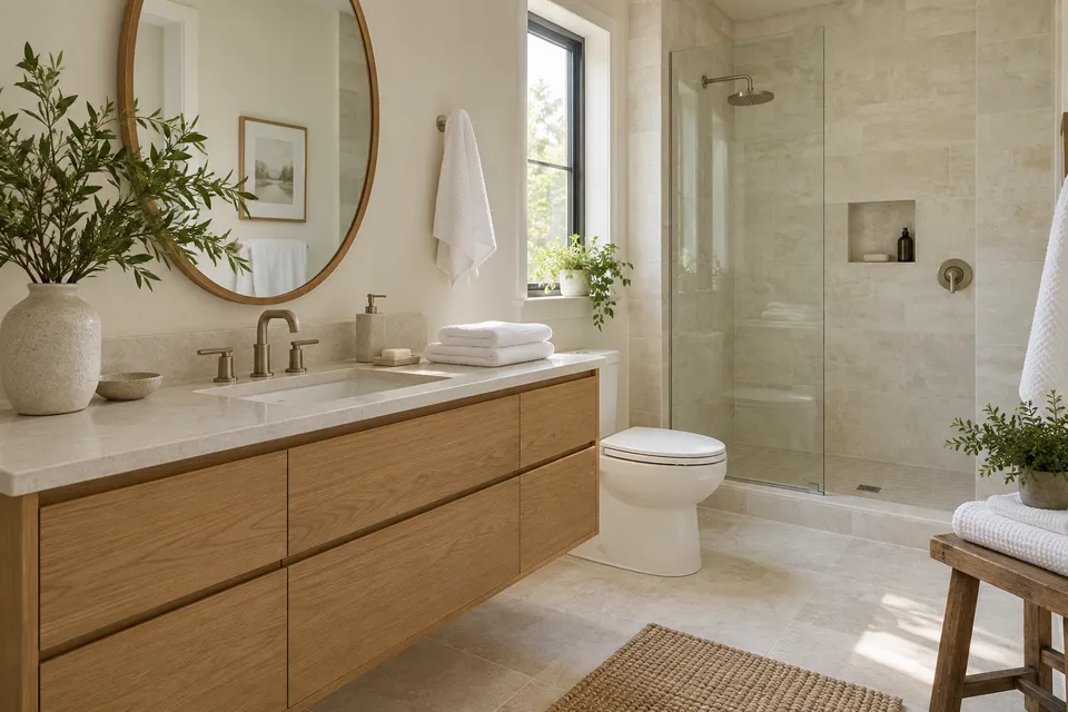 Bright bathroom with an oak vanity and glass shower