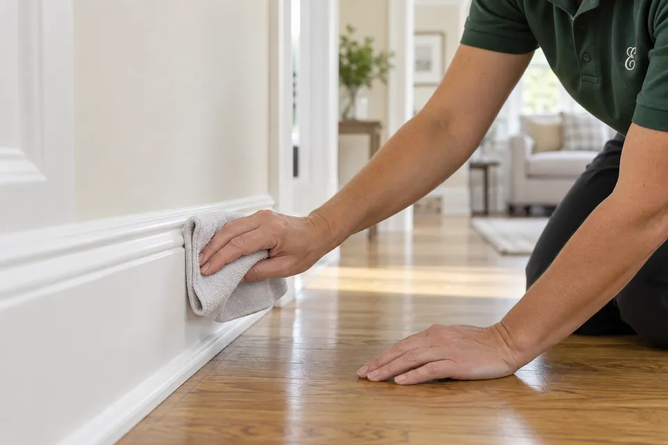 Detail cleaning along a baseboard and wood floor