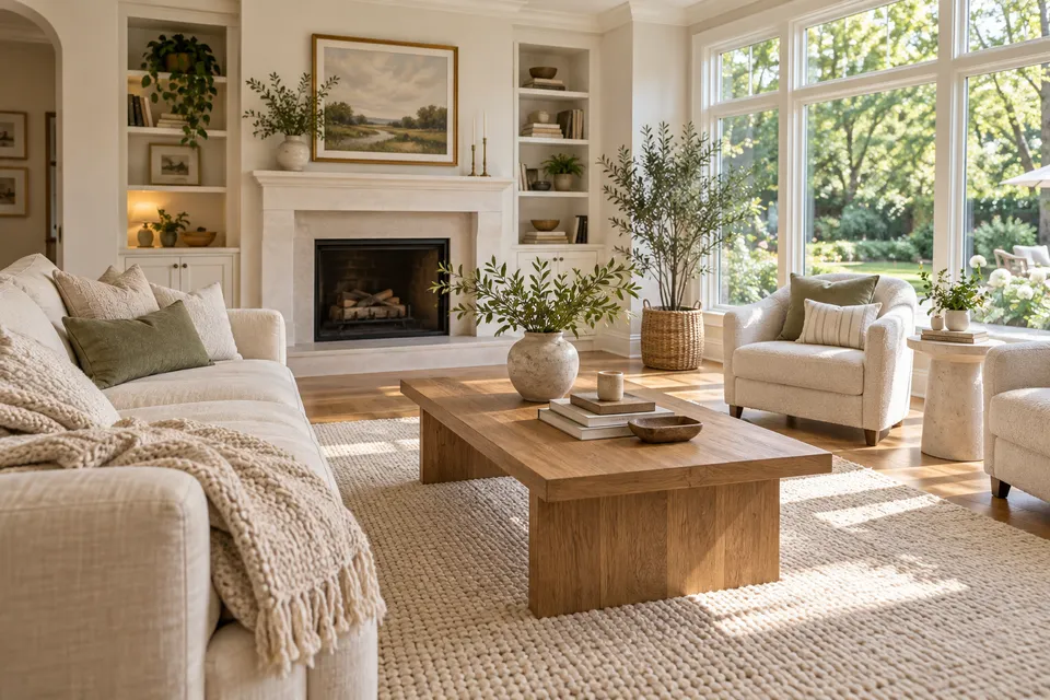 Tidy living room with an ivory sofa and natural wood furniture