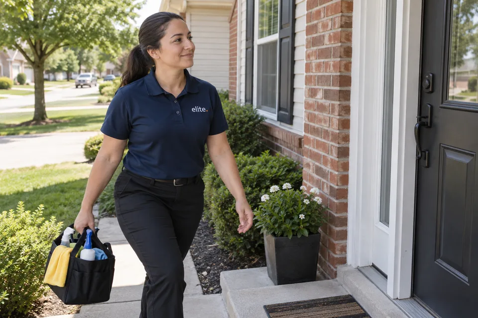 Cleaner arriving at the front step of a suburban home