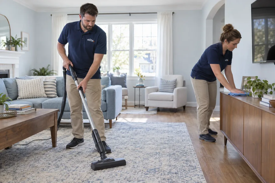 Two professional cleaners working in a residential living room